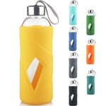 Reeho 1000 ml / 1 Litre Sports Borosilicate Glass Water Bottle BPA-Free with Anti-slip Silicone Sleeve and Leak Proof Stainless Steel Lid (Yellow)