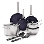 Blue Diamond Cookware Triple Steel Stainless Steel Diamond Reinforced Ceramic Nonstick 11 Piece Cookware Pots and Pans Set, Frying Pans, Chef Stockpot, PFAS-Free, Multi Clad,Induction,Oven Safe,Silver