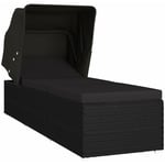 Helloshop26 - Transat chaise longue bain de soleil lit de jardin terrasse meuble d'extérieur avec auvent et coussin résine tressée noir