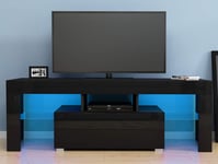 Panana TV Unit Stand 130cm TV Cabinet Black Matt and Black High Gloss Free LED Lights