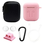 Protective Case Cmf 6 in 1 Earphone Bag + Earphone Case + Earphones Silicone Buckle + Earbuds + Anti-Drops Buckle + Anti-lost Rope Wireless Earphone Silicone Case Set for Apple Airpods (Pink + White)