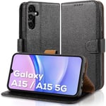 Samsung A15 Mobilskal - Läderfodral med [RFID-blockering], Stöttåligt [Ställ] för Samsung Galaxy A15 5G Elegant Black
