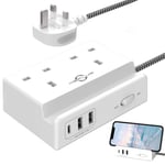 2 Way Extension Lead with USB C Slots, Multi Plug Extension Sockets with 2 USB-A/1 USB-C, 1.5M Braided Extension Cable, Wall Mount Power Strip Extension Cord for Home Office Travel