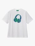 Benetton Kids' 3D Headphones Print T-Shirt, Optical White