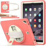 SEYMAC stock iPad 6th/5th Generation Case, iPad Air 2 / Pro 9.7 Inch Shockproof Case with Screen Protector Pencil Holder [360 Degrees Rotating Stand] Hand Strap & Shoulder Strap (Pink+Beige)