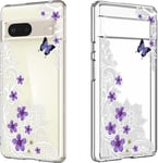 Purple Flower Phone Case for Google Pixel 7 Clear with White Lace Butterfly Desi
