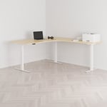 Höj och sänkbart hörnskrivbord, högersvängt, vitt stativ, björk bordsskiva 180x200cm