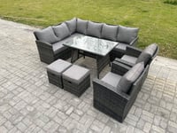 Rattan Garden Furniture Corner Sofa Set with Oblong Dining Table 2 Small Footstools 2 Armchairs