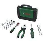 Bosch Home and Garden Mobility Hand Tool Set 26-Piece (Compact and Portable Tool Kit for DIY Tasks; Optimal Choice on The Road; 1/4 Ratchet; Combination Pliers; Universal Screwdriver; in Fabric Bag)