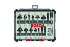 Bosch Bitsæt till fræsejern, 15 delar, blandet, skaft på 8 mm 15-delad Mixed Application Router Bit Set.