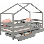 Lit cabane ENA lit enfant simple montessori 90 x 200 cm, avec 2 tiroirs de rangement, en pin massif lasuré gris - Gris