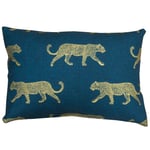 Linen Loft Strolling Jungle Safari Leopards Boudoir Filled Cushion. 17x12 Rectangle. Gold African Leopards with Teal Blue Background. 100% Cotton. (Synthetic Filled)