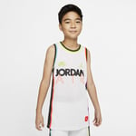 Keep it cool in the Air Jordan Top, styled after a classic basketball jersey with breathable mesh fabric and hits of DNA logo graphics printed panelling. Older Kids' (Boys') Top - White