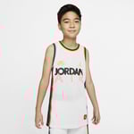 Keep it cool in the Air Jordan Top, styled after a classic basketball jersey with breathable mesh fabric and hits of DNA logo graphics printed panelling. Older Kids' (Boys') Top - White