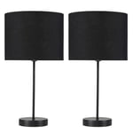 Pair of - Modern Standard Table Lamps in a Black Metal Finish with a Black Cylinder Shade - Complete with 4w LED Candle Bulbs [3000K Warm White]