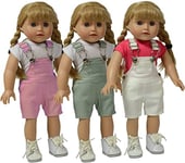 The New York Doll Collection Set of 3 Multi Colour Doll Twill Overalls - Pink, Grey and White Overalls - For Fashion Girl Dolls - Fits 18 inch / 46cm Dolls - Doll Clothes - Dolls Accessories