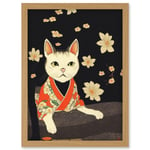 Cute White Cat In Red Kimono Sitting On The Floor In Japan House Artwork Framed Wall Art Print A4