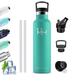 Gourde Isotherme 1l, Sans BPA, Gourde avec Paille, Anti Fuite, Gourde Inox, Acier Inoxydable 18/8, Gourdes de Camping et Randonnée, Double Isolation, Bouteille d'eau pour Camping, Running, Vélo, Yoga