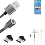 Data charging cable for + headphones Oppo A74 4G + USB type C a. Micro-USB adapt