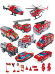 TOYABI Camion Pompier, 20 Pièces Camion Enfant Jouet incorporer 7 Pièces Alliage de Zinc Mini Petite Voiture avec 2 Alliage de Zinc Helicoptere, Cadeau pour 3 4 5 6 7 Ans Enfant