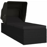 Helloshop26 - Transat chaise longue bain de soleil lit de jardin terrasse meuble d'extérieur avec auvent et coussin résine tressée noir - Noir