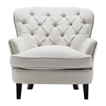 Warmiehomy Fabric Occasional Chair Buttoned Tufted Wing Back Armchair with Solid Wood Legs for Living Room Bedroom Reception Conservatory (Cream)