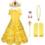 Storlek: 4-5 år, Prinsessklänning Belle, 9PCS Prinsess Belle, Belle Kostym/Huvudbonad Kostym för Cosplay Bröllop Karneval Födelsedagsfest, Gul