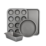 KitchenCraft Non-Stick Baking Set, 4-Piece Bakeware Set Including Loaf Tin, Round Cake Tin, Rectangular Baking Tray and Muffin Tray, Carbon Steel, Gift Boxed