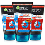 3x Garnier Pure Active 3 in 1 Charcoal Facial Scrub Wash Mask 150ml