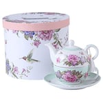 London Boutique Tea for One Teapot Cup suacer Set Shaby Chic Flora Bird Rose Butterfly Porcelain Gift Box (Teal)