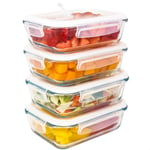 Luxury & Grace 4 Pack Glass Container 600 ml. Airtight & Wave Steam Hole. Food Storage Container. Microwave, Oven, Dishwasher and Freezer Safe. BPA Free.