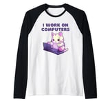 Funny Cat I work on Computers Cat Lovers Tech Support Raglan Baseball Tee