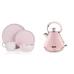 Barbary & Oak BO867004PNK Oslo 16 Piece Dinnerware Set, Stoneware, White and Pink Lemonade & Tower T10044PNK Cavaletto Pyramid Kettle with Fast Boil, Detachable Filter, 1.7 Litre, 3000 W