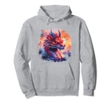Fierce mythical red dragon sunset palm trees birds Asian art Pullover Hoodie