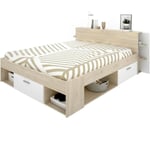 Sans Marque - sax Lit adulte - 140x190 cm - 3 tiroirs + Tete de lit avec rangement - Décor chene et blanc