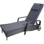 HHG - Chaise longue Carrara, polyrotin, bain de soleil, couchette, alu anthracite, coussin gris - black