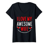Womens I Love My Awesome Wife husband Love Valentine's Day Hearts V-Neck T-Shirt