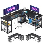 ODK Bureau d'angle Réversible, Table de Jeu avec 2 Prises, 2 Ports USB et Grand Espace de Rangement, Noir, 150×102cm
