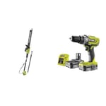 Ryobi ONE+ 18V OPT1845 Cordless Pole Hedge Trimmer, 45cm Blade (Body Only) & R18PD3-215GZ 18 V ONE+ Cordless Combi Drill Starter Kit (2 x 1.5 Ah), Hyper Green