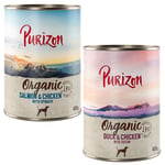 5 + 1 gratis! 6 x 400 / 800 g Purizon vådfoder - Organic Mixpakke 2: (3 x 400 g And med Kylling , 3 x 400 g Laks med Kylling )
