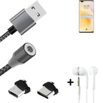 Magnetic charging cable + earphones for Huawei nova 8 Pro 4G + USB type C a. Mic