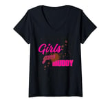 Womens Girls Gone Muddy Funny Mud Run Racing V-Neck T-Shirt