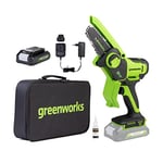 Greenworks 24V Mini Tronçonneuse 10cm Tronçonneuse à batterie sans fil alimentée par batterie de 2 Ah, vitesse de chaîne de 7,8 m/s, pour branches d'arbres, coupes de jardin, cour et usage domestique.