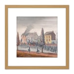 Chappel New York Fighting A Fire 1870 Painting 8X8 Inch Square Wooden Framed Wall Art Print Picture with Mount