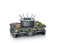 SEVERIN Appareil à Fondue et Raclette pour 8 personnes, Appareil à raclette 2 en 1 avec Plaque de cuisson et Service à fondue, Inclus 8 poêlons, spatules et fourchettes à fondue, Noir, RG 2347