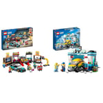 LEGO City Custom Car Garage Toy Set with 2 Customisable Cars, Mechanic Workshop and 4 Minifigures & City Carwash with Toy Car for 6+ Years Old Kids, Boys, Girls, Set with Spinnable Washer Brushes