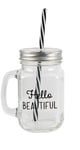 Sass & Belle Hello Beautiful Drinking Jar With Black White Straw Glass Mason Box