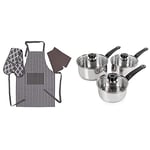 Morphy Richards Saucepans Sets With Lids, Stay Cool Handles, Themocore Technology, Stainless Steel Pan Set, 3 Piece with Penguin Home Apron, Double Oven Glove and 2 Kitchen Tea Towels Set - Grey