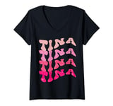 Womens Retro TINA First Name Personalized Groovy Birthday V-Neck T-Shirt