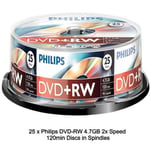 25 x Philips DVD+RW 4.7GB 120Min Rewritable 4x Speed 25s Blank Discs Spindle Tub